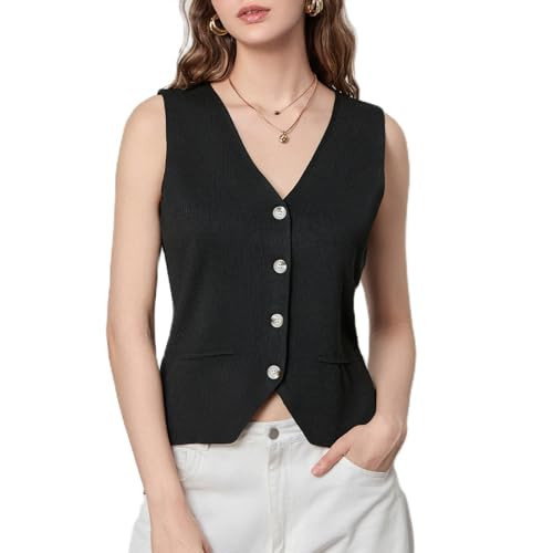 Womens Vest Top V Neck Button up Knit Sweater Vest Trendy Going Out Tops Black S | Amazon (US)