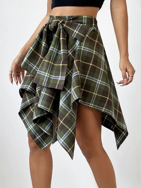 Plaid Print Knot Front Asymmetrical Hem Skirt
   
      SKU: sw2206119038099541
          (100+ R... | SHEIN