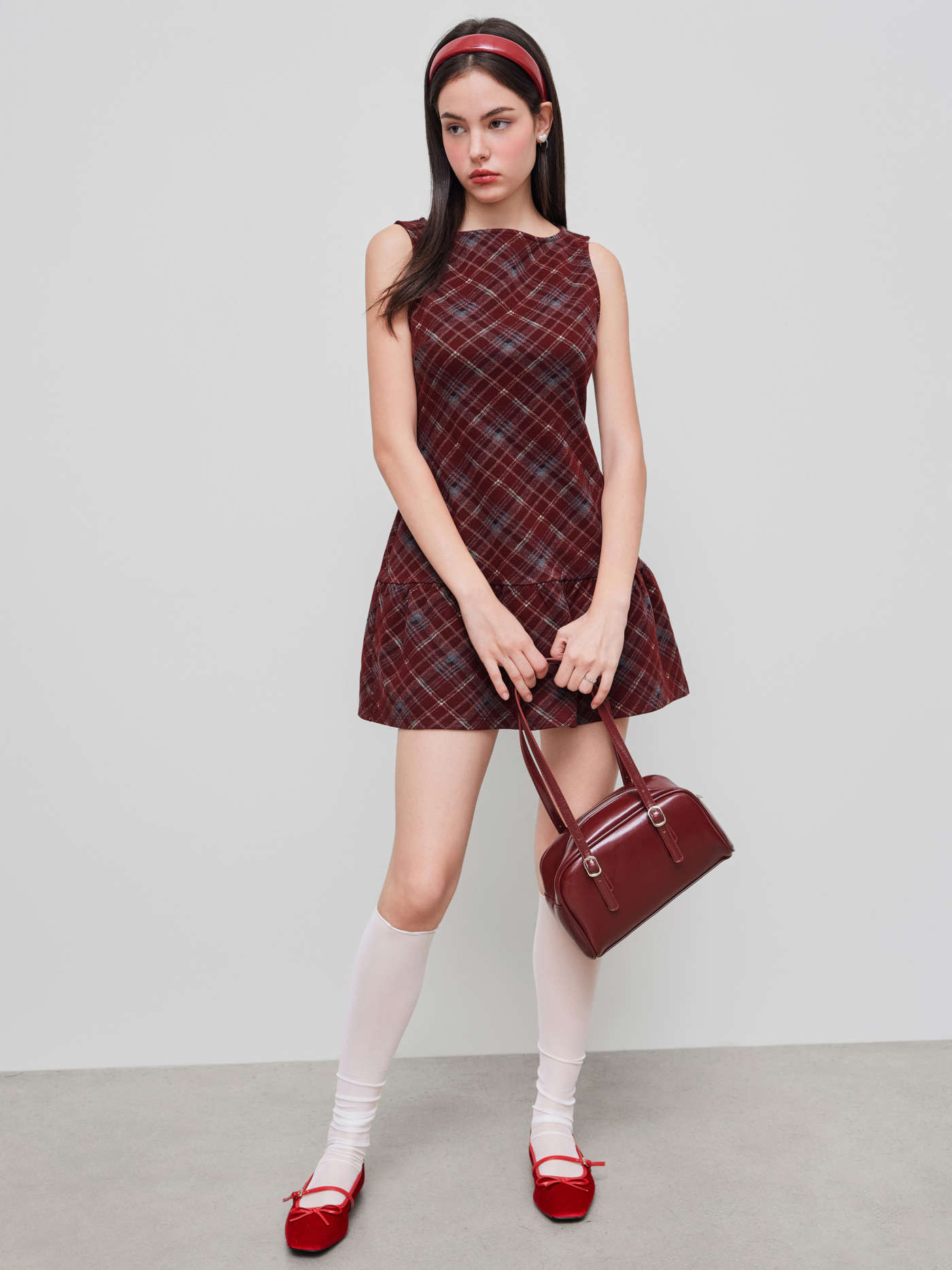 Wool-look Boat Neck Plaid Ruffle Hem Mini Dress | Cider
