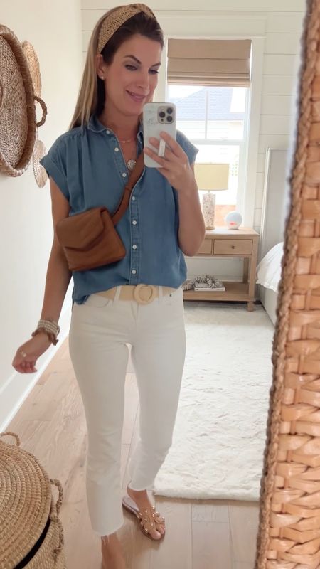 Oversized chambray shirt on sale.  Wearing xs. White jeans on sale - wearing 26 tall.  Amazon accessories. Sandals true to size.   

#LTKVideo #LTKsalealert #LTKover40