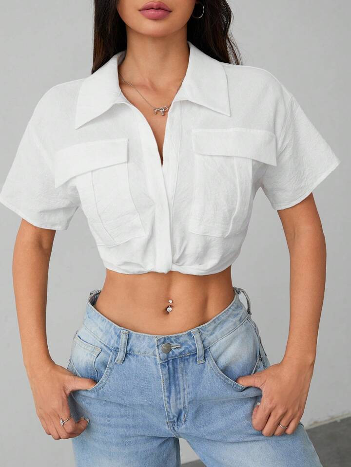 SHEIN PETITE Summer Going Out Tweaking In The Front Flap Pocket Drop Shoulder Crop White Shirt | SHEIN
