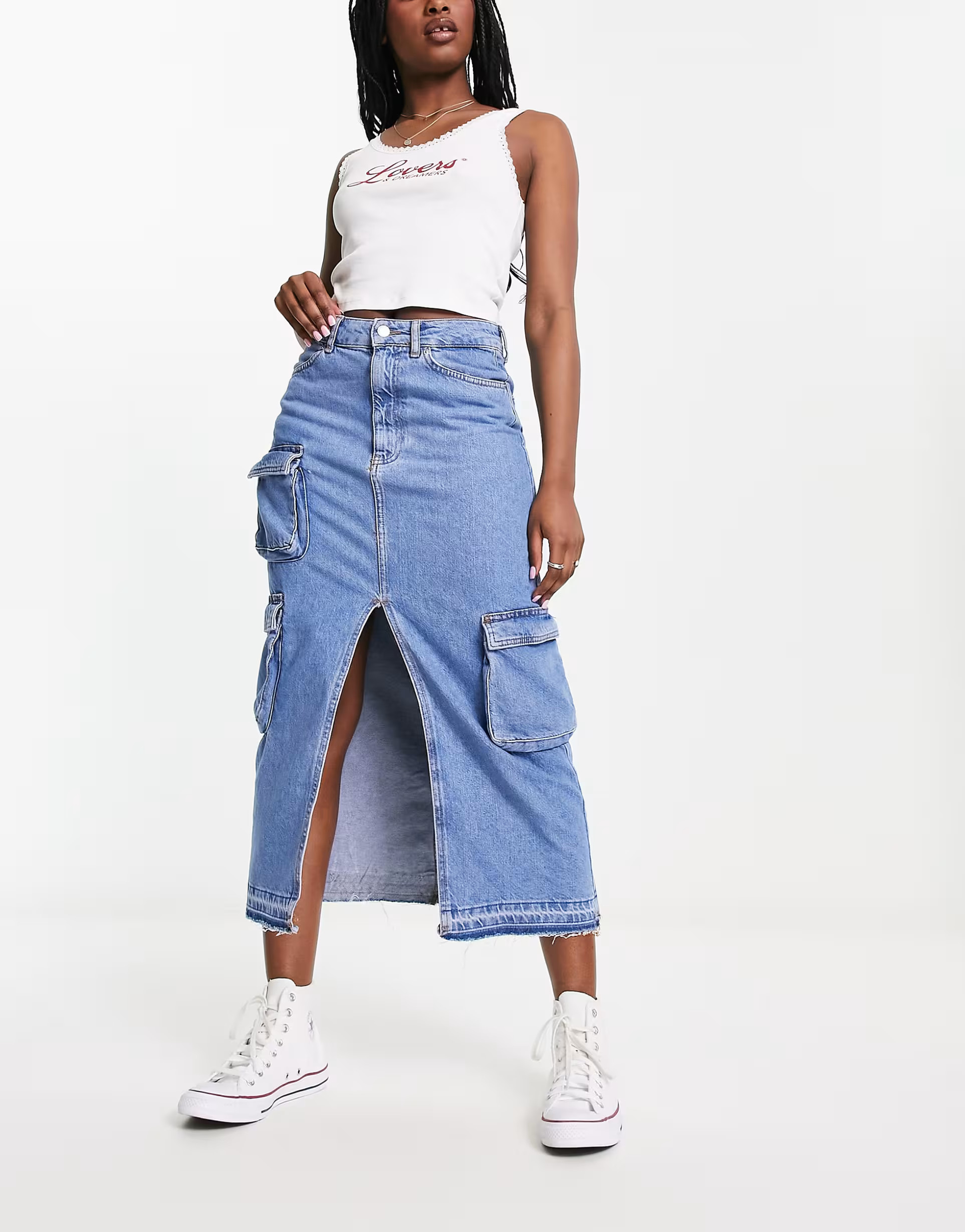 Bershka - Jupe cargo midi en jean avec fente devant - Bleu clair | ASOS (Global)