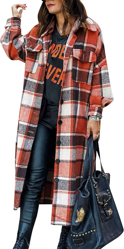 Mingzhu Womens Casual Color Block Plaid Shirts Button Down Flannel Shacket Jacket Tops | Amazon (US)