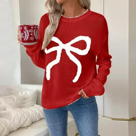 ClodeEU Womens Christmas Cute Bow Long Sleeve Sweaters Loose Crewneck Knit Pullover Red Womens Plus L | Walmart (US)
