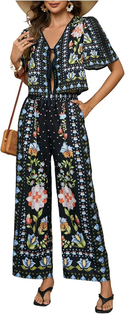 WDIRARA Women's Boho Floral 2 Piece Palazzo Pants Set Short Sleeve Tie Front Blouse Wide Leg Pant... | Amazon (US)