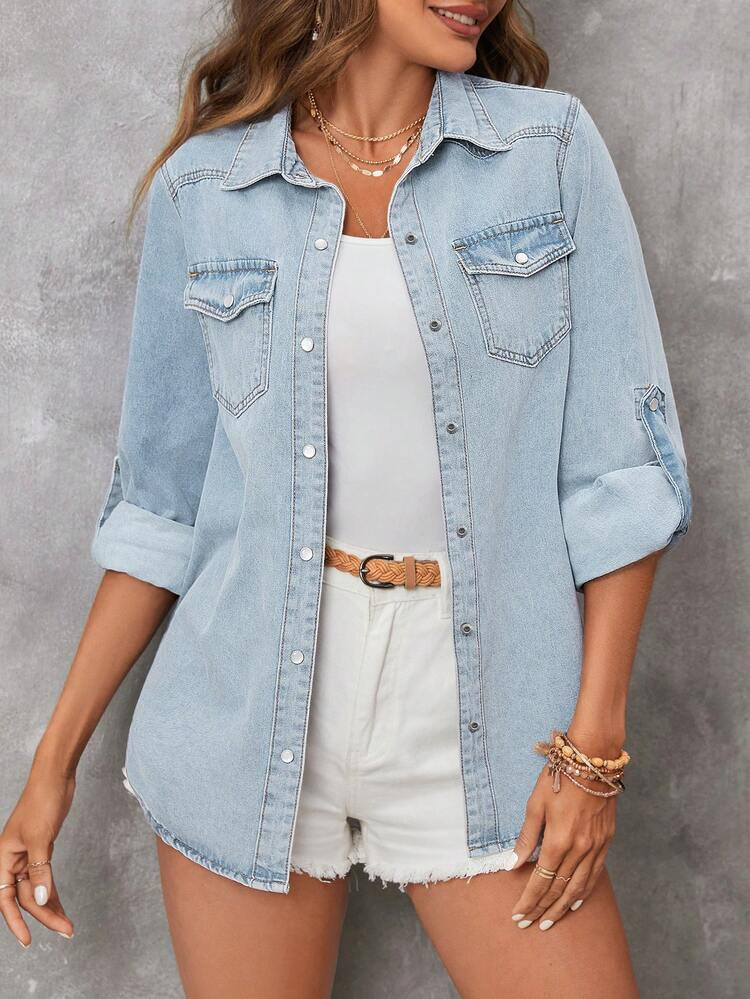 SHEIN LUNE Flap Pocket Roll Tab Sleeve Denim Blouse, Fall Women Clothes,Casual | | SHEIN