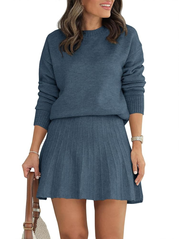 Tankaneo Womens Skirt 2 Piece Sweater Set Long Sleeve Crewneck Sweaters Pleated Mini Skirt Knit L... | Amazon (US)