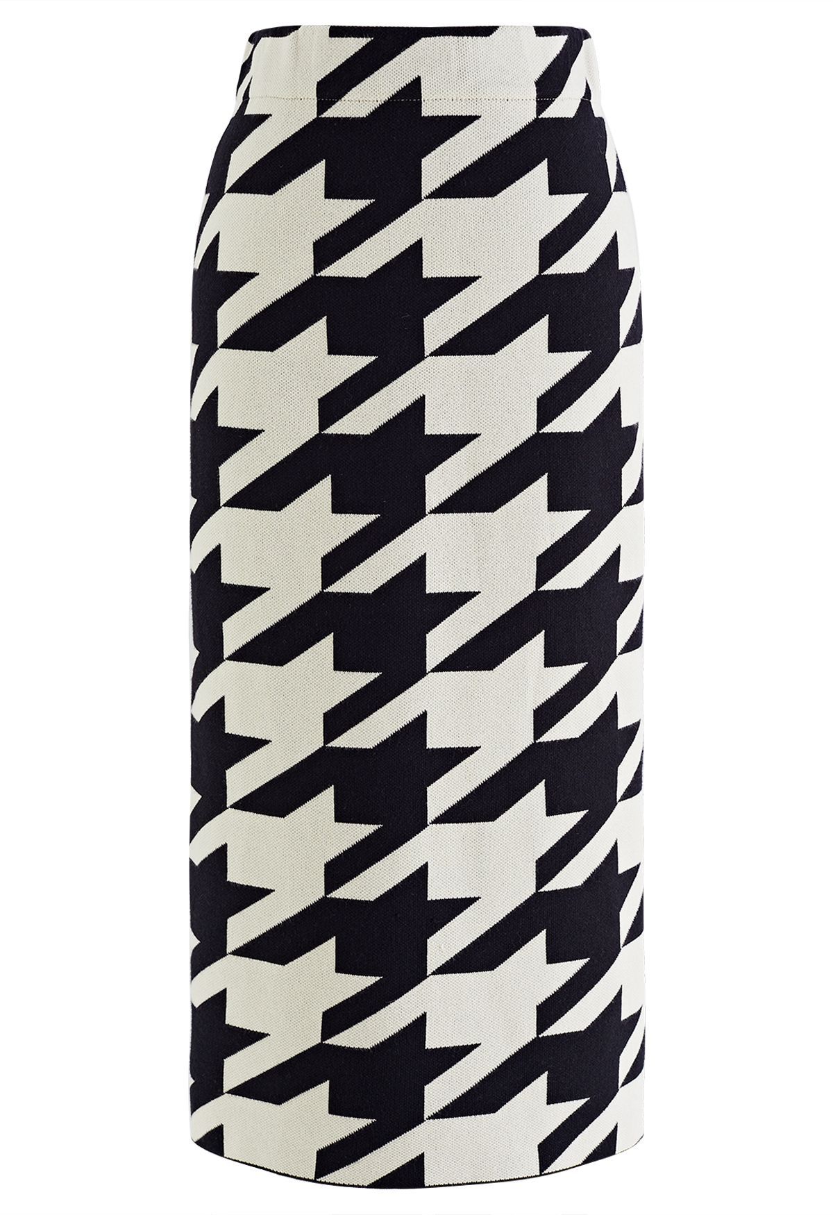 Houndstooth Pattern Back Slit Pencil Skirt in White | Chicwish
