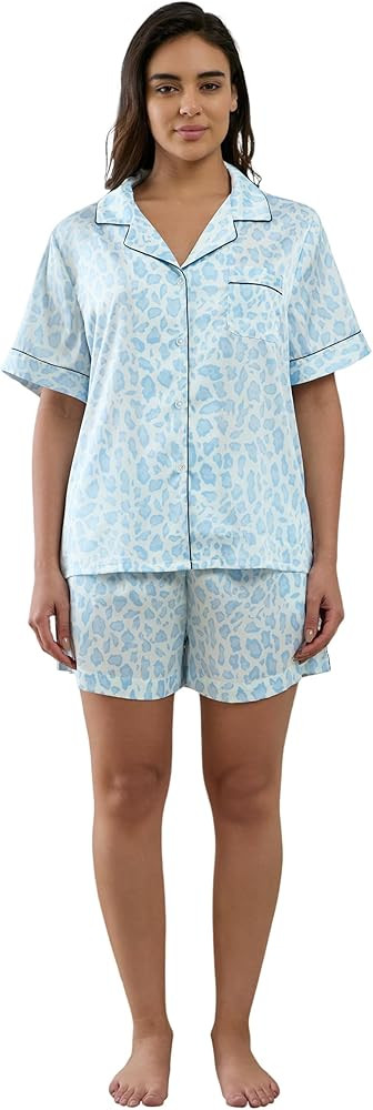 Womens Silk Satin Shorts Pajamas Set Button Down 2 Piece Pjs Short Sleeve Oversized Sleepwear wit... | Amazon (US)