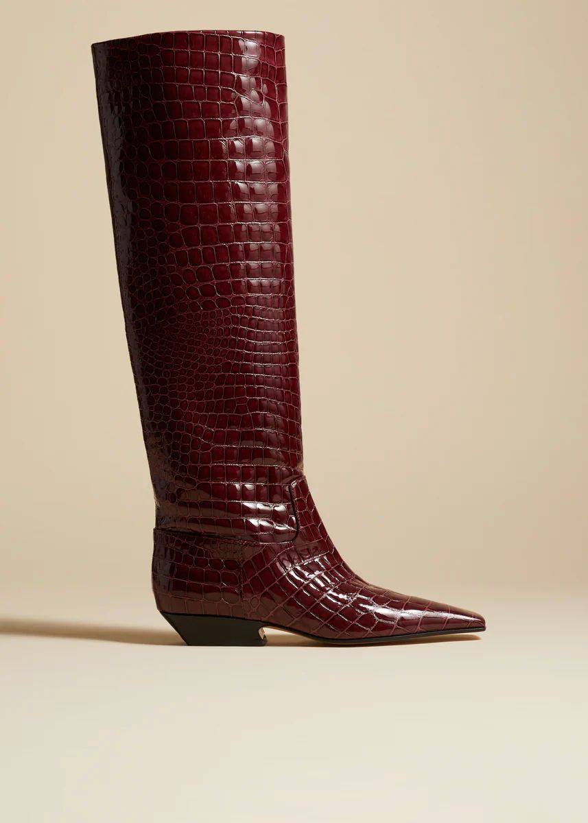 The Marfa Knee-High Boot in Bordeaux Croc-Embossed Leather | Khaite