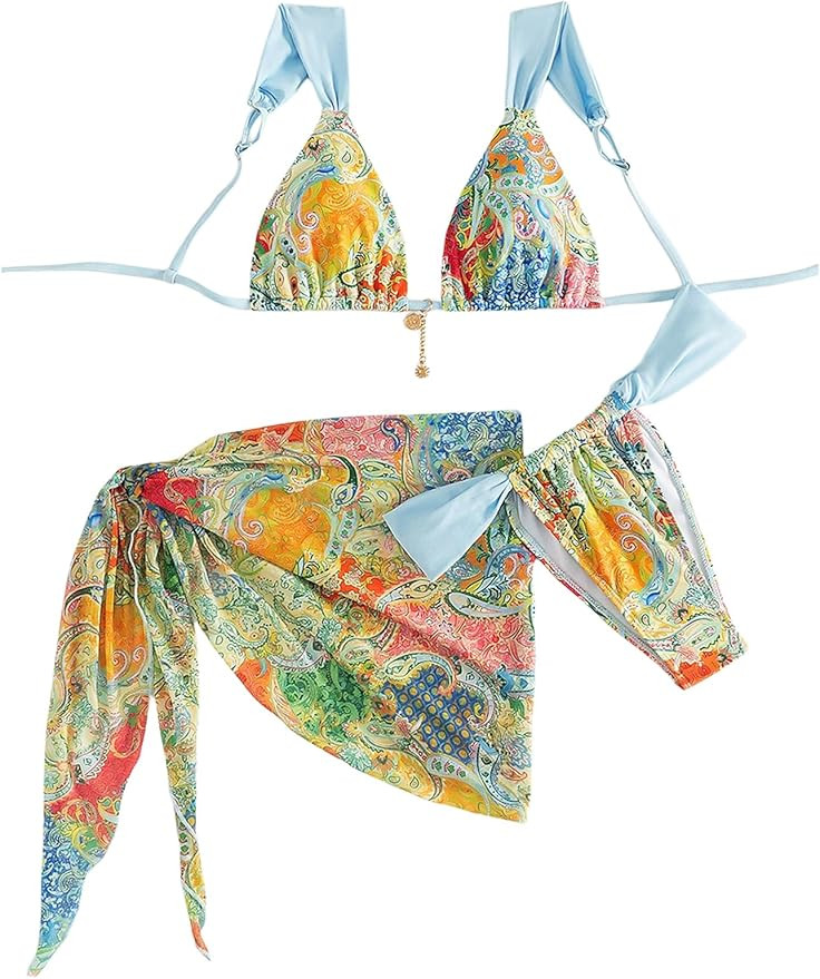 MakeMeChic Women's 3 Piece Bikini Sets Floral Halter Swimsuit Bathing Suit with Cover Up Skirt | Amazon (US)