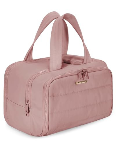 BAGSMART Travel Toiletry Bag, Lightweight Large Wide-open Travel Bag for Women, Puffy Cosmetic Makeup Bag Organizer with Handle for Accessories,Essentials, Toiletries, Dark Pink | Amazon (US)