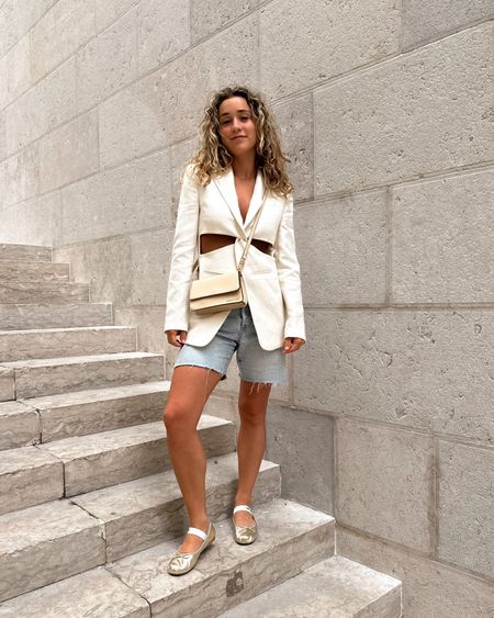 Bella’s cut out blazer and cut off shorts are on sale today with code EXTRA30 - all fits tts/1/xs 
These are her Miu Miu ballerinas! 

#LTKsalealert #LTKshoecrush #LTKstyletip