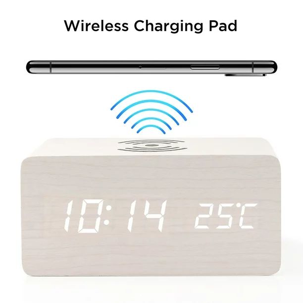 Wooden Wood Alarm Clock Qi Wireless Charging LED Sound Control Time Date Temperature - White | Walmart (US)