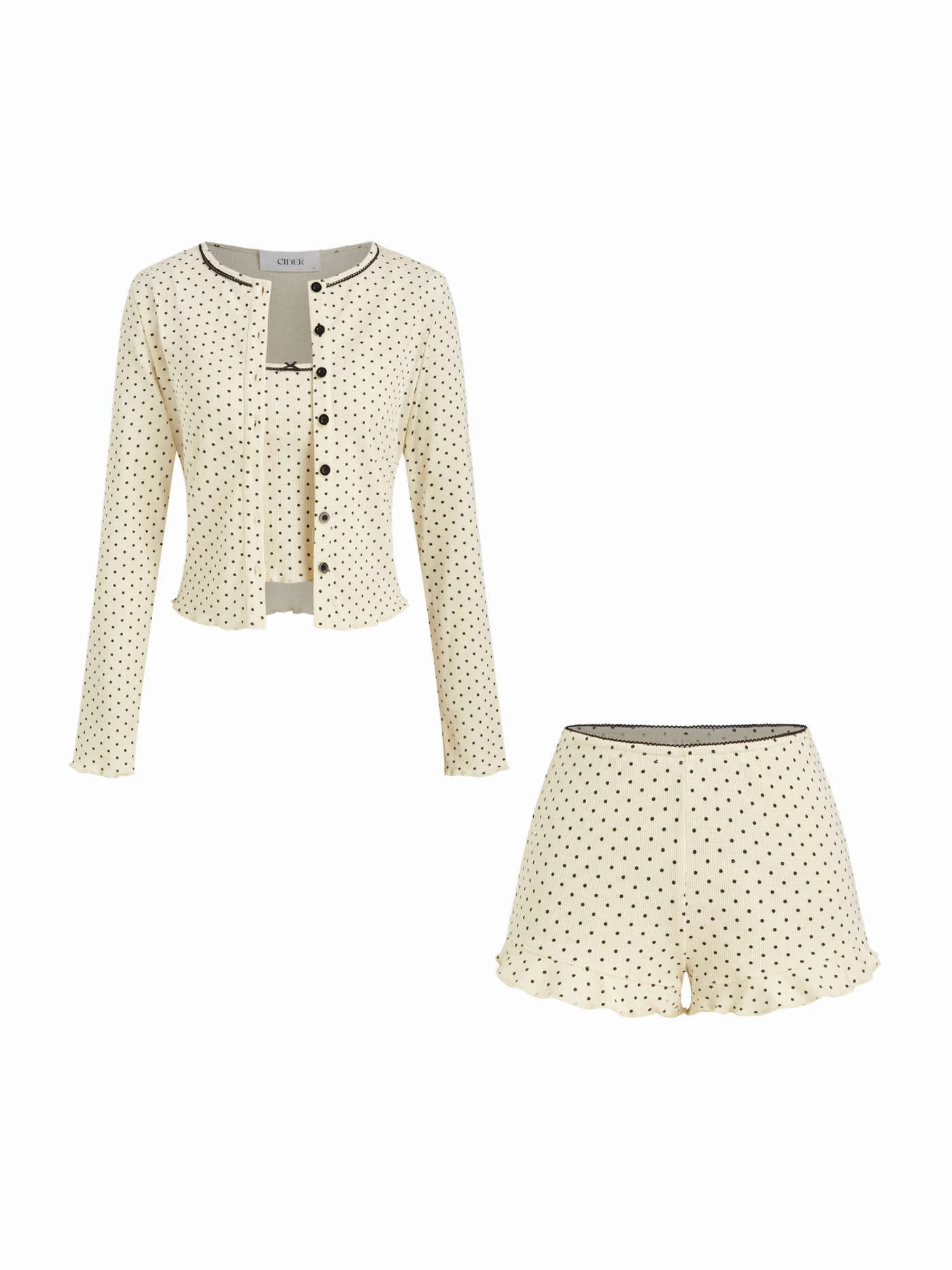 Knit Fabric 3 Pieces Cotton-blend Polka Dot Long Sleeve Top With Cami Top & Low Rise Lettuce Trim... | Cider