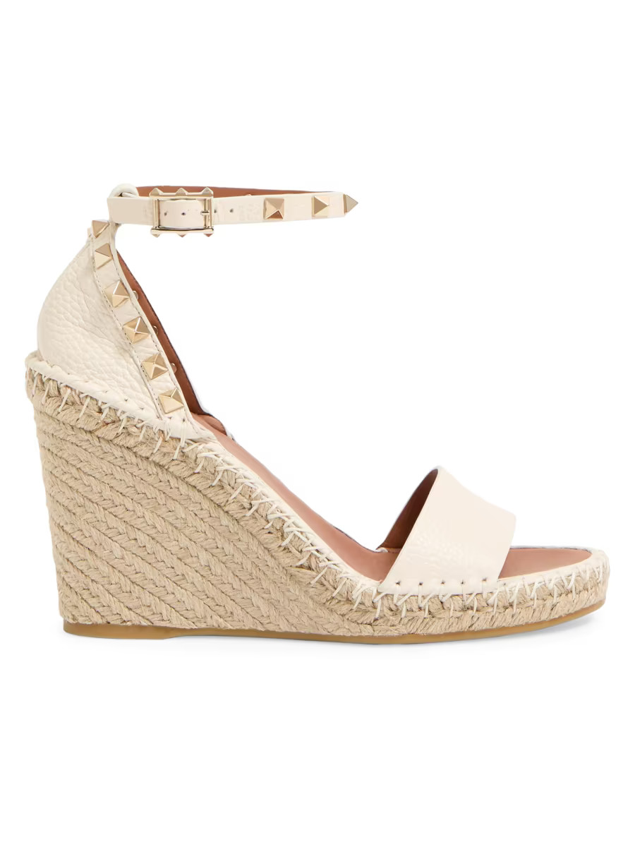 Double Rockstud Grainy Calfskin Wedge Sandals 105 mm | Saks Fifth Avenue