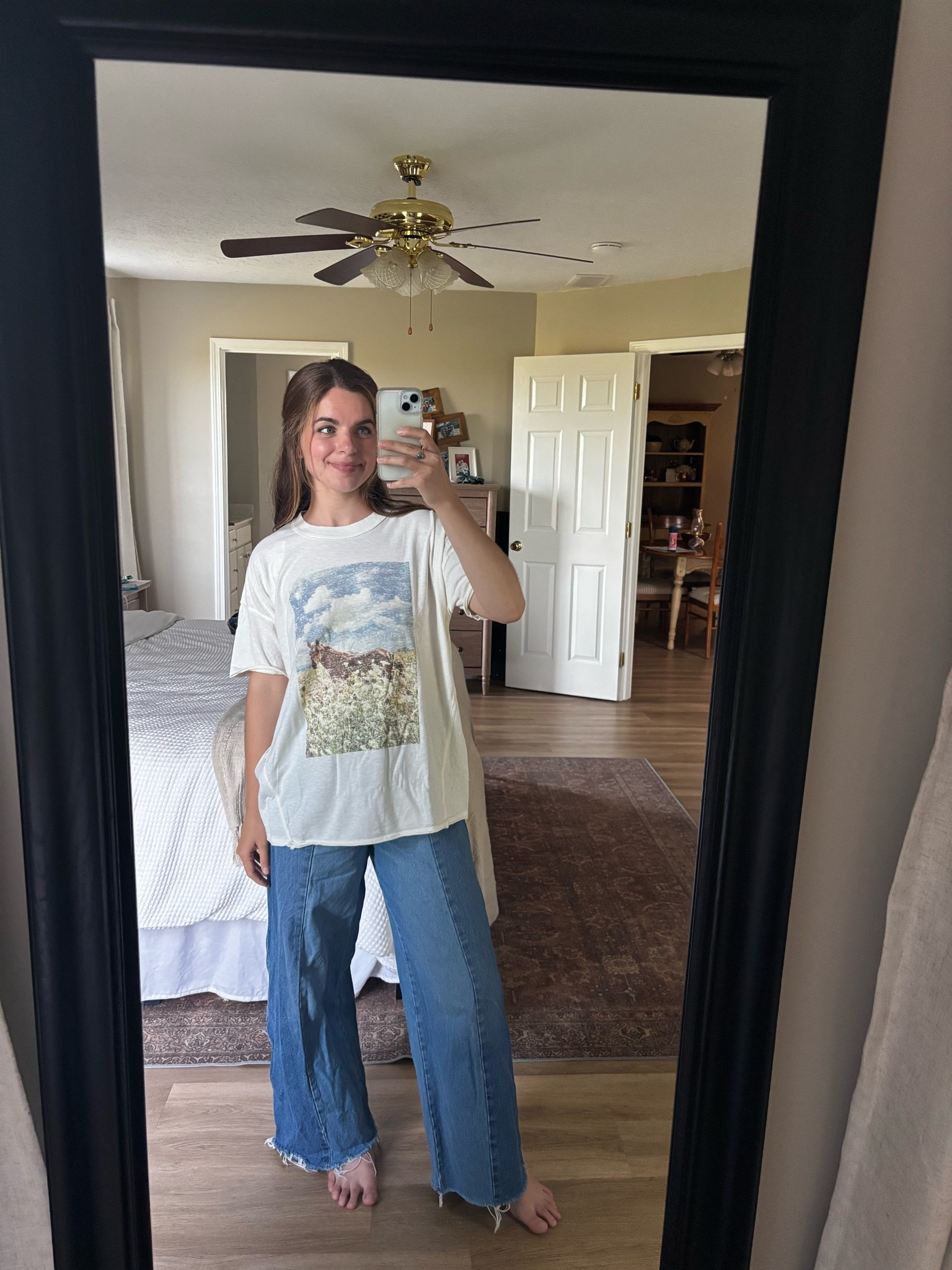 Ootd! @Wrangler @Aerie !! Snagged this tee in major sale! These barrel jeans are some of my favs from Wrangler! The two tone is so fun! Gives me 90s mom vibes but definitely need to iron them again lol

#LTKdayinmylife #LTKootd #LTKmomlife