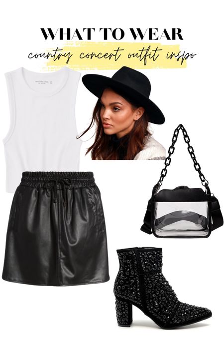 What to wear to a country concert 

White tank top, skirt, black hat, clear purse, rhinestone boots 