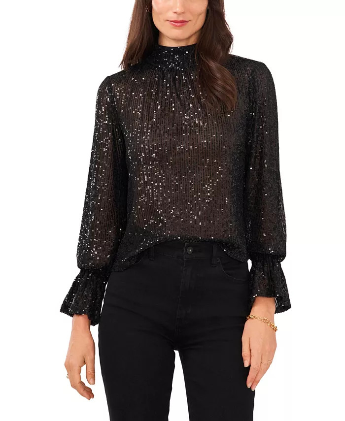 Women's Long Sleeve Sequin Drape Back Blouse | Macy's
