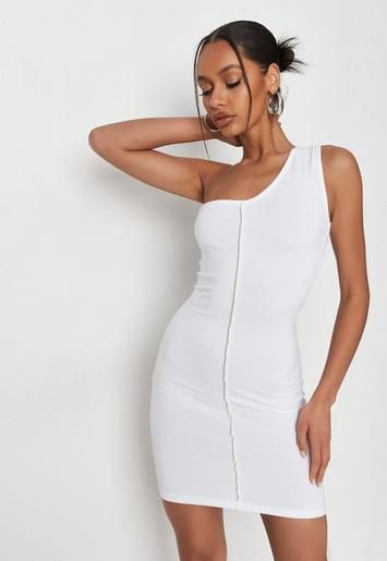 White Jersey Asymmetric Shoulder Over Lock Detail Dress | Missguided (US & CA)