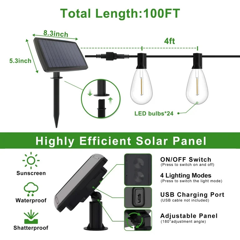 DAYBETTER Solar Outdoor String Lights, 100ft S14 LED Patio Lights with 24 Bulbs, Waterproof Strin... | Walmart (US)
