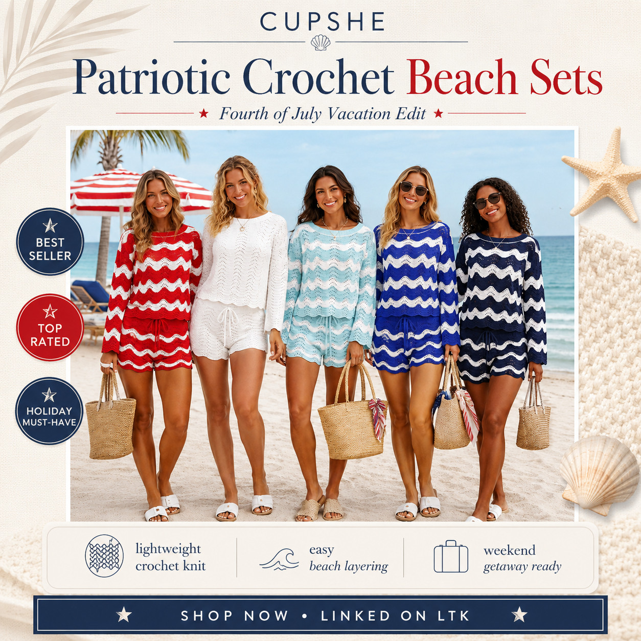 @Cupshe Summer | Fourth of July Edit | Red, White & Blue 2 Piece Crochet Long Sleeves & Shorts Swimsuit Coverup Sets

The matching crochet beach sets that make your Fourth of July swim look feel instantly styled, festive, and vacation-ready. 🇺🇸

These CUPSHE patriotic crochet beach sets are perfect when you want something lightweight, breezy, and easy to layer over a swimsuit — but still cute enough to feel like a full outfit. 

The matching top-and-short sets make getting dressed effortless, the crochet knit gives that elevated beachy texture, and the red, white, aqua, cobalt, and navy options make the whole edit feel holiday-ready without being overdone.

This is the set to check first for Fourth of July weekend, beach days, pool parties, lake trips, boat days, resort vacations, cruises, boardwalk walks, and weekend getaway outfits. 

It solves the “I need a cover-up that looks cute beyond just walking to the pool” problem because these actually feel styled enough for beach bars, casual lunch, travel days, and poolside photos.

I love that these are easy to pack, easy to rewear, and make your swimsuit outfit look intentional with almost no effort — just add sandals, sunnies, a woven tote, or gold jewelry and the whole look is done.

I pulled together the crochet sets worth checking first so you can skip the scroll and go straight to the styles that feel the most wearable, festive, and summer-photo ready.

📌 SAVE this for Fourth of July beach outfits, patriotic cover-up sets, and easy vacation looks that make your swim outfit feel fully styled.

↓ Everything is linked!

#LTKSaleAlert #LTKSwim #LTKTravel