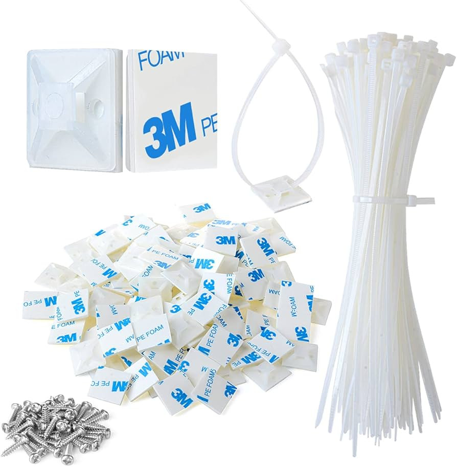 3/4" 3M Back-Glue Self Adhesive White Strong Cable Zip Tie Mounts 100pcs with 8" Ties, Screws, Ou... | Amazon (US)