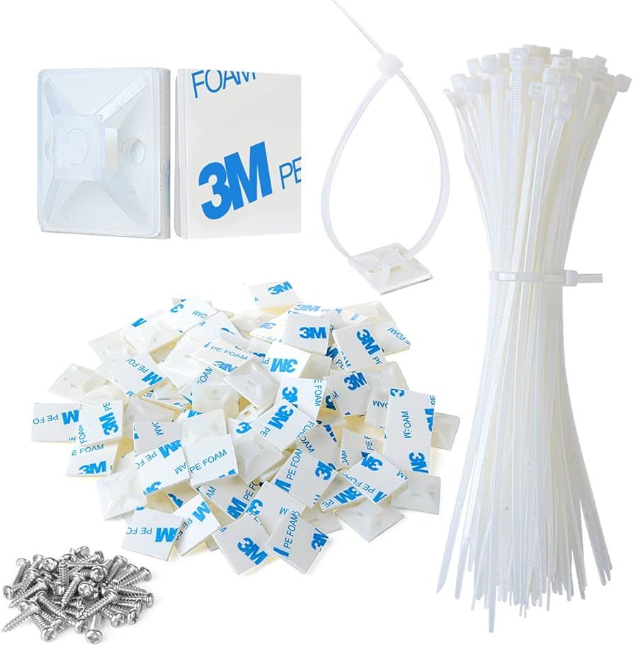3/4" 3M Back-Glue Self Adhesive White Strong Cable Zip Tie Mounts 100pcs with 8" Ties, Screws, Ou... | Amazon (US)