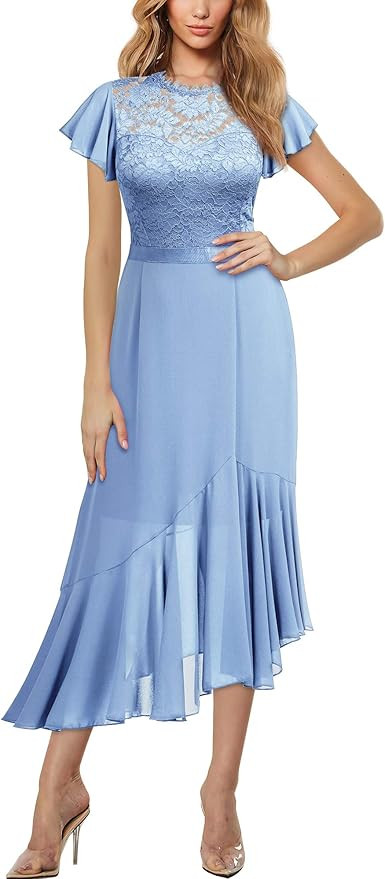 Miusol Women's Elegant Ruffle Style Floral Lace Bridesmaid Party Maxi Dress | Amazon (US)