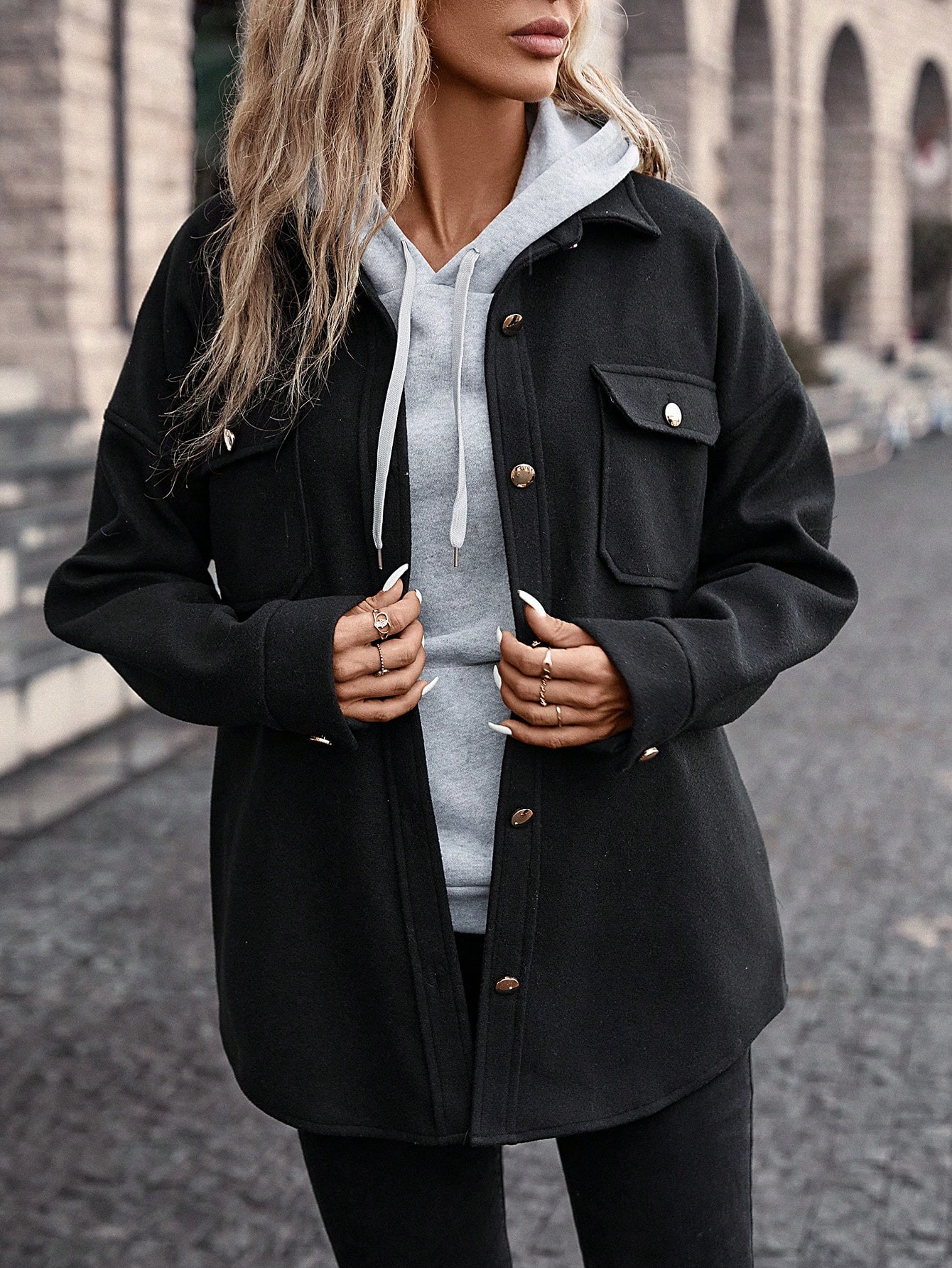 SHEIN LUNE Flap Pocket Drop Shoulder Coat | SHEIN