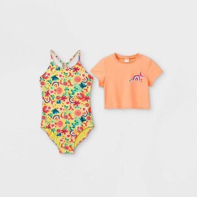 Girls' Floral Rainbow Print Short Sleeve One Piece Swimsuit Set - Cat & Jack™ Coral | Target