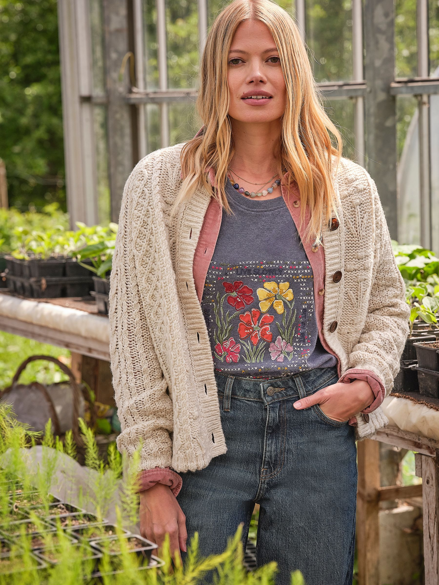 Floral Knitted Cable Button Front Cardigan in Natural | Fat Face
