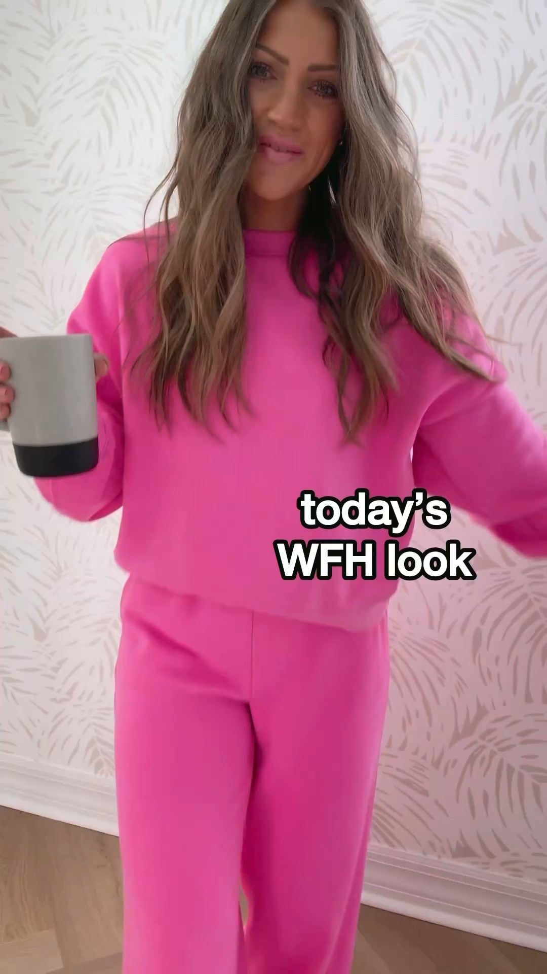 On Wednesday’s we wear pink 💕😜 my most favorite set everrrr (and most worn!) is what I’m wearing today, cozy working from home. I’m 5’4, wearing an XS in the pants and S in the crewneck. #wfh #matchingsets #traveloutfit #wfhstyle 