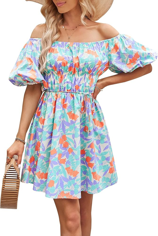 PRETTYGARDEN Women's Off The Shoulder Babydoll Dress Short Puff Sleeve Casual A Line Ruffle Summe... | Amazon (US)