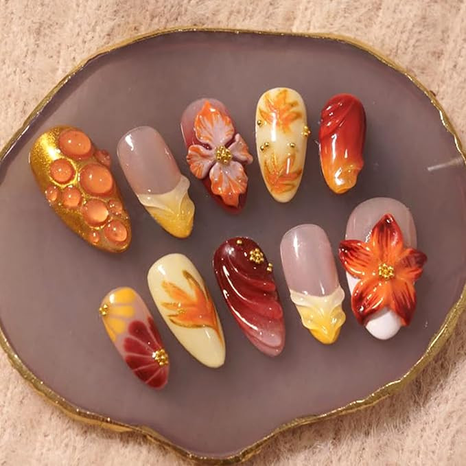 30pcs Fall Maple Leaf Press on Nails Autumn Fake Nail with 3D Floral & Gold Leaves Art in Medium ... | Amazon (US)