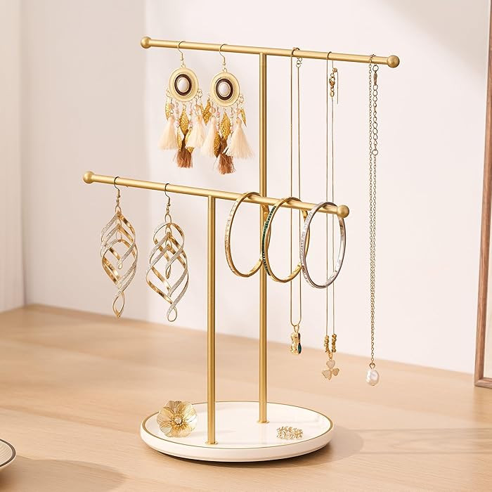 Gold Jewelry Holder Stand with Ceramic Tray: Small Hanging Necklace Organizer Tree for Earrings, ... | Amazon (US)