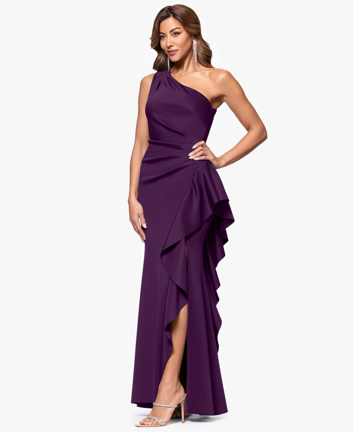 Xscape Women's Ruffled One-Shoulder Scuba Gown - Plum | Macy's
