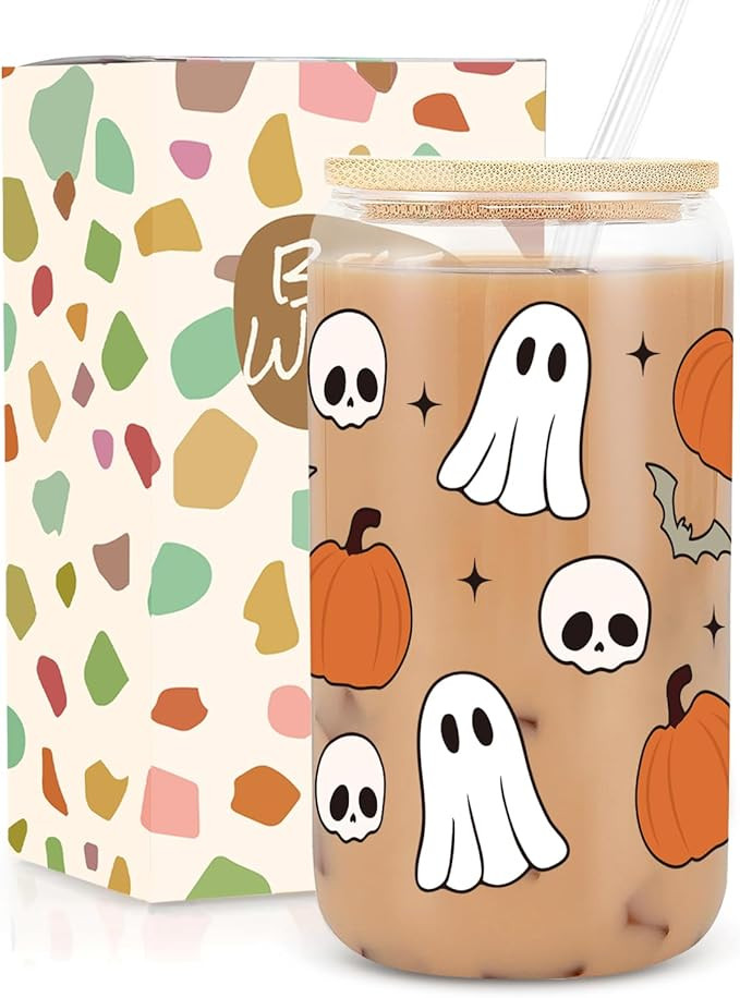 UAREHIBY Halloween Gifts for Women with Ghost,Pumpkins,bats,skulls,18 OZ Halloween Glass Cups wit... | Amazon (US)