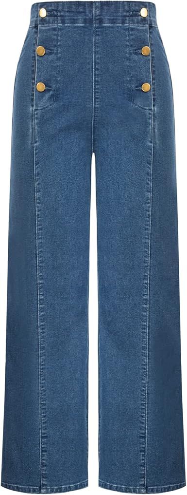 Belle Poque Women's High Waisted Wide Leg Jeans Button Decorated Casual Stretchy Demin Pants with... | Amazon (US)