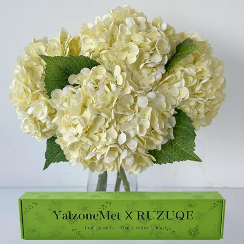YalzoneMet 4 PCS Beige Creamy Hydrangea Artificial Flowers 21 inches Real Touch Faux Latex Hydrangea Flowers for Wedding Table Centerpieces Fake Flowers for Party Home Kitchen Fall Decor | Amazon (US)