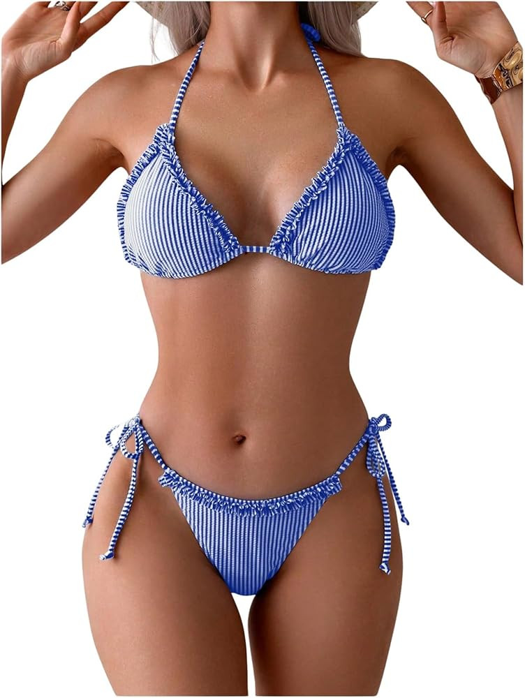 Verdusa Women's 2 Piece Striped Halter String Cute Bikini Sets Swim Suits Cheeky Triangle Bathing... | Amazon (US)