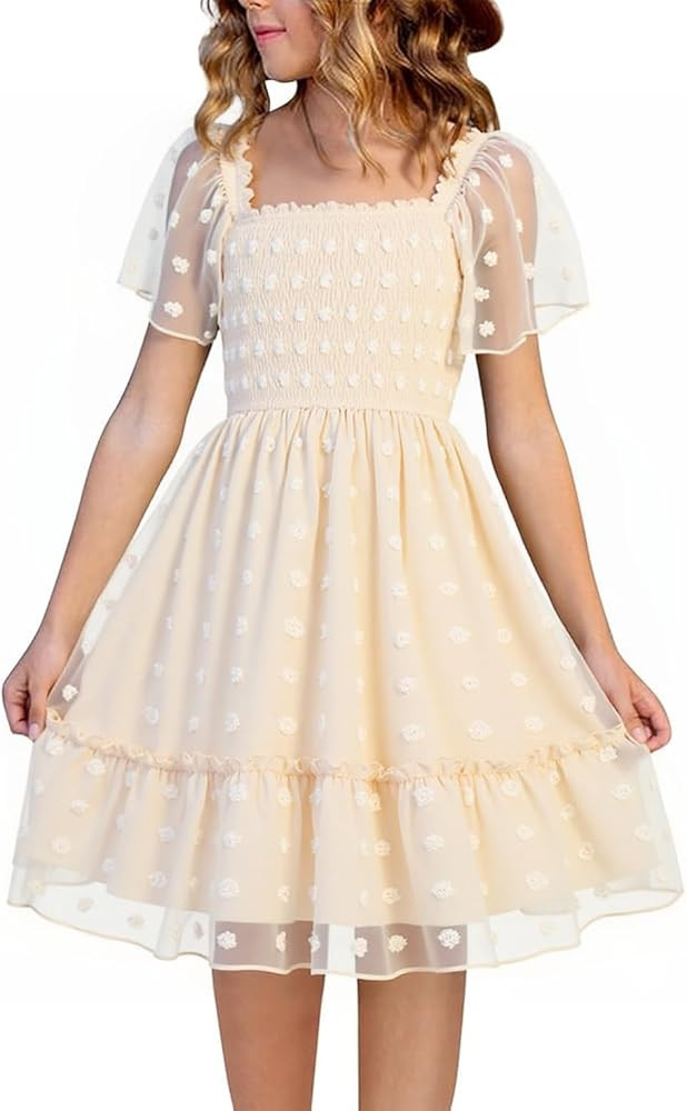 Girls Dress Summer Puffy Sleeve Embroidery A Line Chiffon Double Layer Smocked Shirred Kids Party... | Amazon (US)