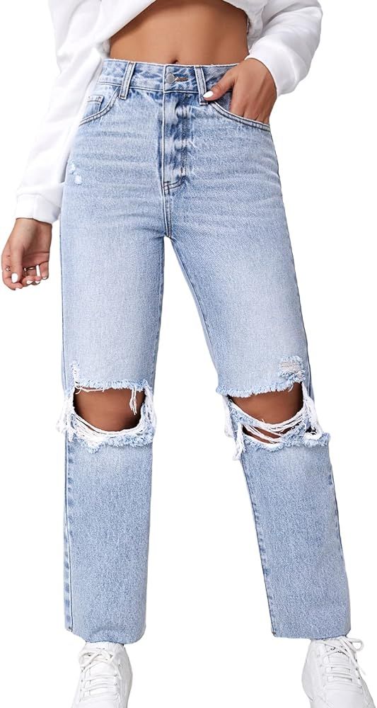 MakeMeChic Women's High Waist Straight Leg Ripped Jeans Distressed Denim Pants | Amazon (US)