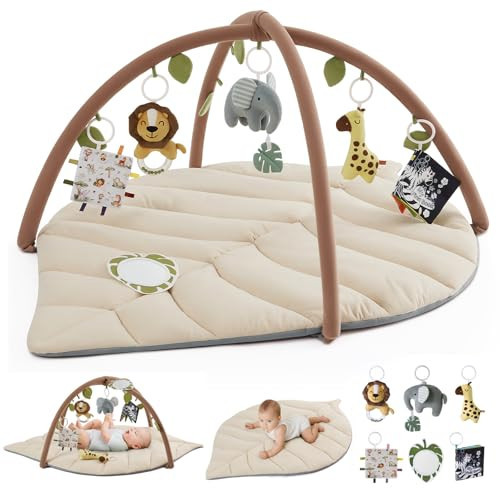 Blissful Diary Baby Play Gym & Activity Mat, Leaf Shaped Baby Tummy Time Play Mat with 6 Detachable Toys, Promotes Motor Skills & Sensory Development, Newborn Baby Essentials Gift, Oatmeal Beige | Amazon (US)