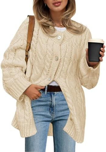 Saodimallsu Womens Cable Knit Cardigan Sweaters Chunky Button Up Long Sleeve Crew Neck Warm Loose... | Amazon (US)
