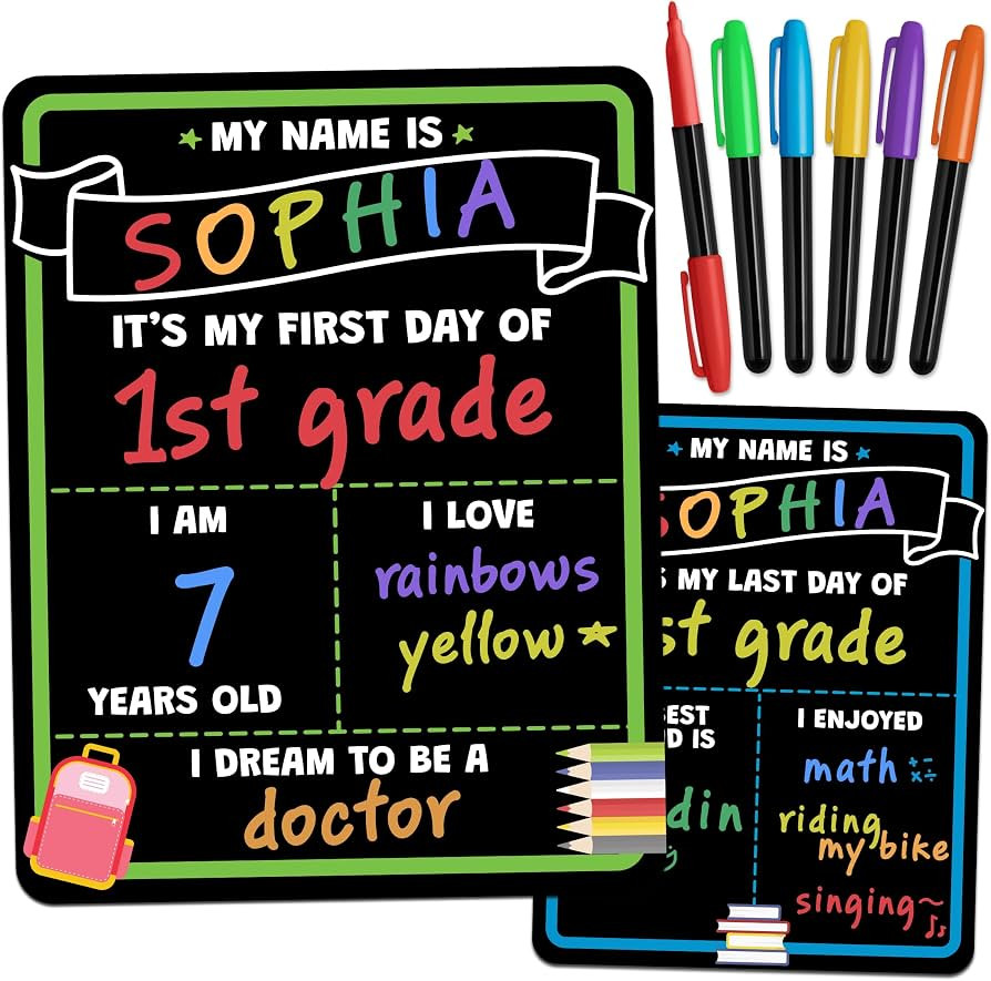 First Day of School Sign Board with Liquid Chalk Markers - 14\u201dx11\u201d Double-Sided & Reusa... | Amazon (US)