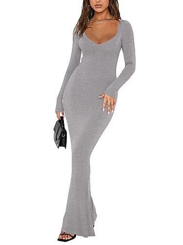 REORIA Women's Sexy Casual V Neck Long Sleeve Lounge Long Dress Elegant Fall Wedding Guest Tight Ribbed Bodycon Maxi Dresses Light Grey Medium | Amazon (US)