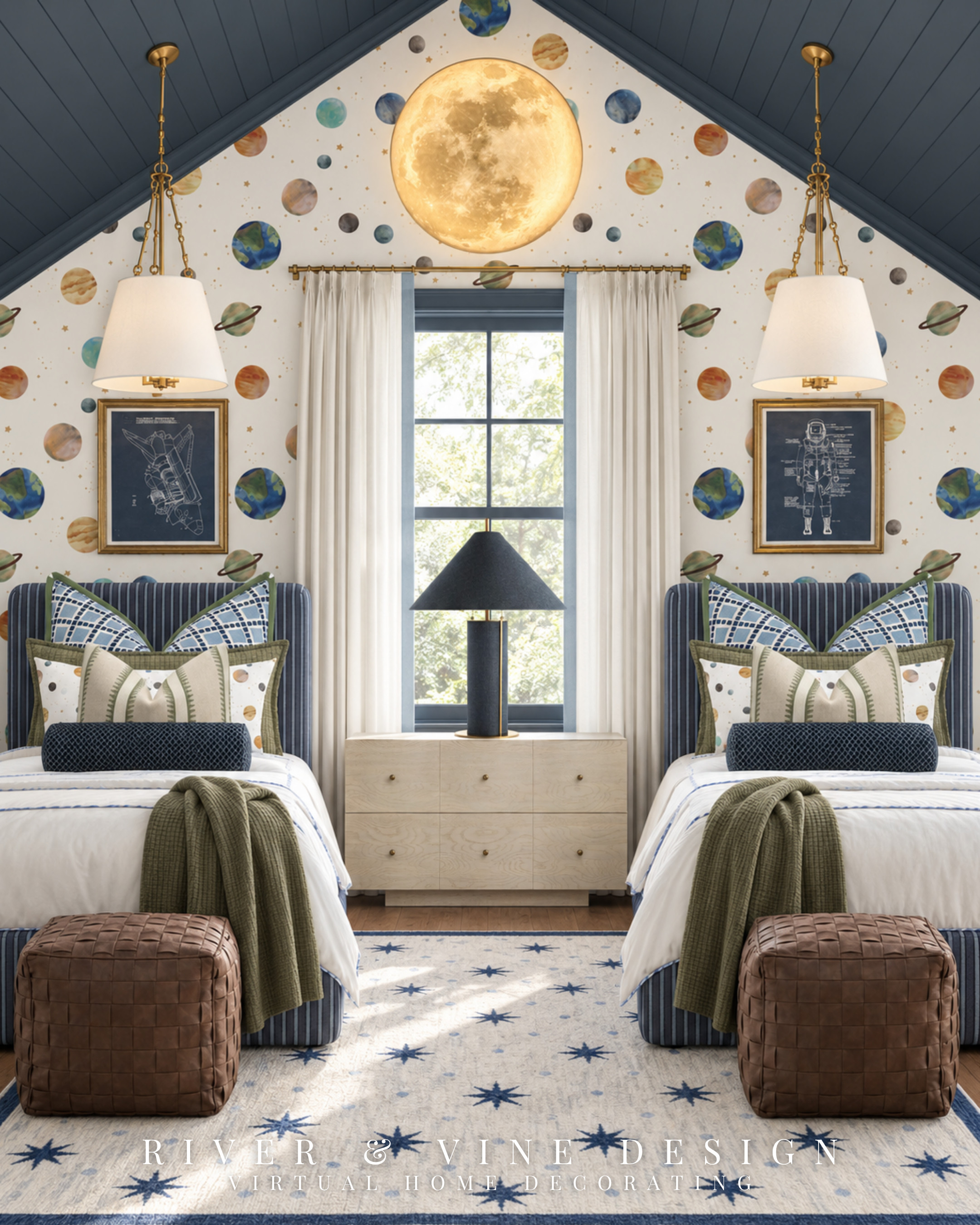 Love dark wallpaper but nervous to commit? These two versions of a space-themed kids’ bedroom show just how much the background color changes the feeling. 🌙

The light wallpaper gives the planets a playful, airy backdrop and lets the blue beds stand out. The dark wallpaper creates that tucked-in, night-sky feeling and makes the moon light and brass details glow.

Notice that the white bedding, white curtains with light blue trim, and light rug work with both. If you’re considering darker walls, keeping those larger textiles light helps balance the room without losing the richness you loved in the first place.

Which would you choose: light wallpaper or dark? 👇

space themed kids bedroom, light planet wallpaper, dark space wallpaper, shared twin bedroom ideas, blue upholstered twin beds, blue and green kids bedroom, celestial bedroom decor

I may receive a commission from purchases made through my links.
 

 #LTKHome #LTKKids