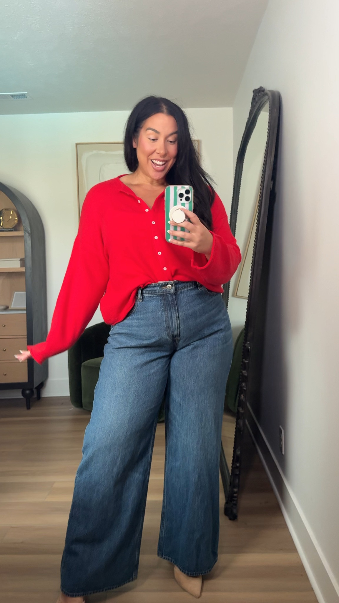I have every color of this cardigan, I love it so much! This color is perfect for the holiday's. This pair of denim is so good, comfy, stretchy and soft belly friendly! Wearing a 33 long on the bottom and a large on top. Midsize, midsize fashion, fall, Abercrombie

#LTKSeasonal #LTKMidsize