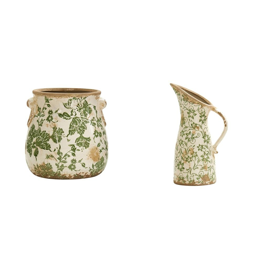6.5in Tuscan Ceramic Green Floral Print Planter and Pitcher Vase Set | Amazon (US)
